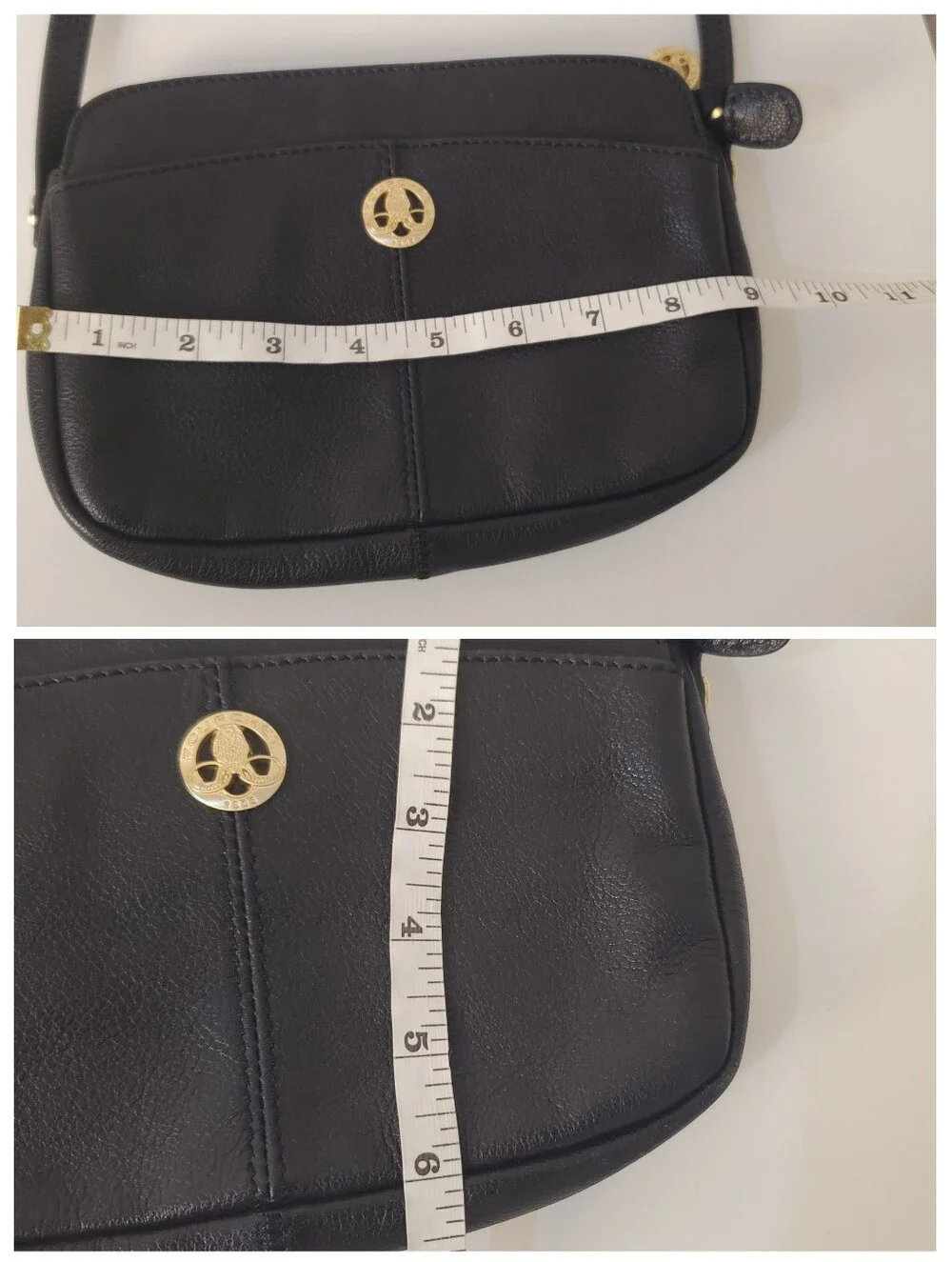 Vintage Pourchet Paris Black Leather Crossbody Bag Gold Crest Made In France